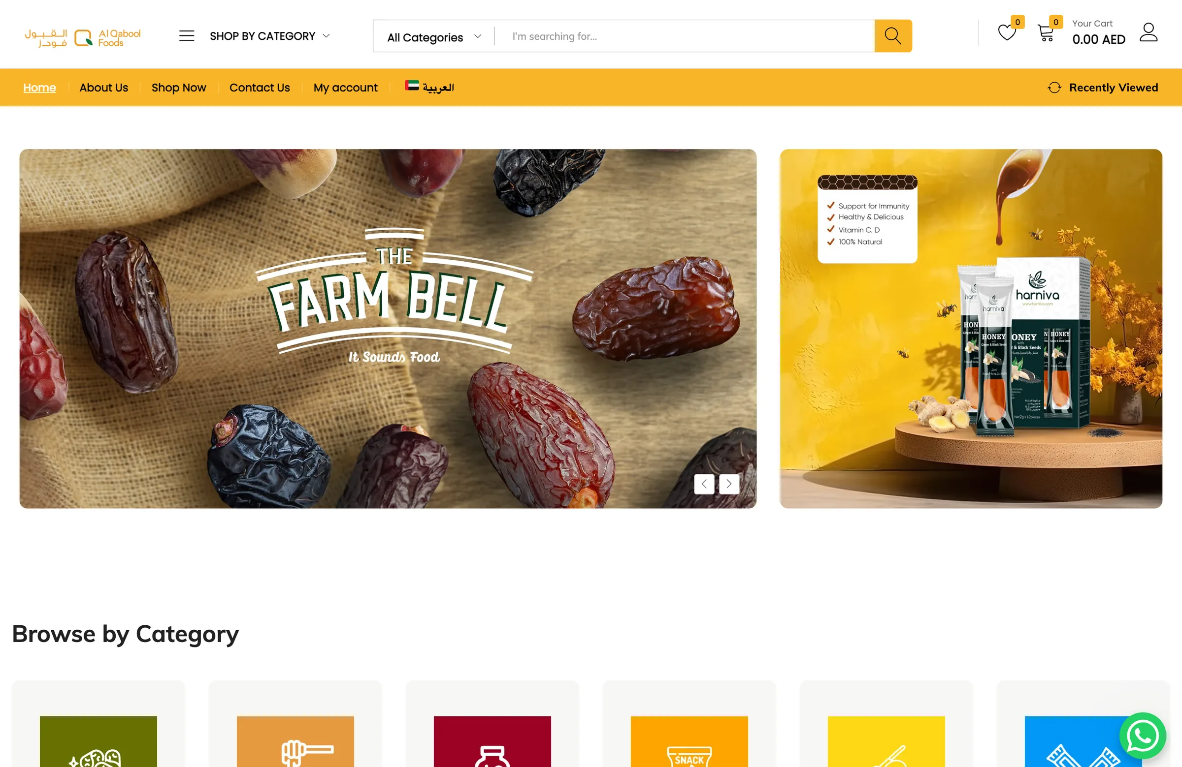 Al Qabool Foods home page on a laptop: the header with category menu, search, wishlist and cart, above banners for The Farm Bell dates and a honey product